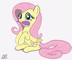 Size: 3856x3211 | Tagged: safe, artist:oleniandeer, character:fluttershy, species:pegasus, species:pony, g4, blushing, brush, cute, female, folded wings, hairbrush, high res, holding, looking at you, mare, mouth hold, shyabetes, signature, simple background, sitting, smiling, smiling at you, solo, white background, wings