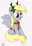 Size: 2476x3551 | Tagged: safe, alternate version, artist:oleniandeer, character:derpy hooves, species:pegasus, species:pony, g4, animal costume, antlers, clothing, costume, derp, female, high res, mare, open mouth, open smile, reindeer antlers, reindeer costume, signature, simple background, sitting, smiling, solo, spread wings, white background, wings