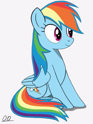 Size: 2250x3000 | Tagged: safe, artist:oleniandeer, character:rainbow dash, species:pegasus, species:pony, g4, female, folded wings, high res, mare, signature, simple background, sitting, solo, white background, wings
