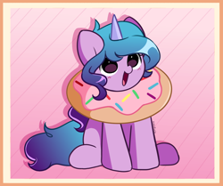 Size: 2700x2262 | Tagged: safe, artist:kittyrosie, character:izzy moonbow, species:pony, species:unicorn, g5, cute, donut, female, food, gradient hair, high res, izzybetes, mare, multicolored hair, open mouth, open smile, signature, sitting, smiling, solo