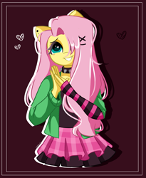 Size: 2285x2785 | Tagged: safe, artist:kittyrosie, character:fluttershy, species:anthro, species:pegasus, g4, alternate hairstyle, choker, clothing, cute, ear piercing, earring, emo, emoshy, female, grin, hair over one eye, heart, hoodie, jewelry, mare, necklace, piercing, shyabetes, simple background, skirt, smiling, solo, spiked choker, tank top