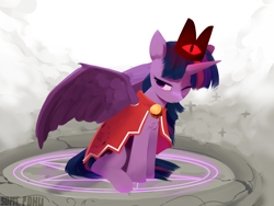 Size: 4000x3000 | Tagged: safe, artist:some_ponu, character:twilight sparkle, character:twilight sparkle (alicorn), species:alicorn, species:pony, g4, cape, clothing, crossover, crown, cult of the lamb, female, jewelry, mare, one eye closed, regalia, signature, sitting, solo, spread wings, wings