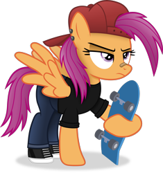 Size: 3657x3891 | Tagged: safe, artist:anime-equestria, character:scootaloo, species:pegasus, species:pony, g4, '90s, 2000s, 2010s, alternate clothes, alternate hairstyle, annoyed, backwards ballcap, bandage, bandaid, bandaid on nose, baseball cap, cap, clothing, cool, denim, digital art, ear piercing, female, hat, high res, jeans, jewelry, mare, older, older scootaloo, pants, piercing, shoes, simple background, skate, skateboard, skater, solo, spread wings, three quarter view, transparent background, unamused, vector, wings