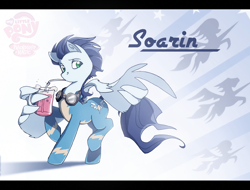 Size: 1250x950 | Tagged: safe, artist:dragancah, artist:science fox, character:soarin', species:pegasus, species:pony, g4, abstract background, clothing, cute, drink, drinking, drinking straw, feather guns, goggles, male, mug, raised hoof, raised leg, root beer, soarinbetes, solo, stallion, standing on two hooves, swag, three quarter view, uniform, wing gesture, wing hands, wing hold, wings, wonderbolts, wonderbolts uniform