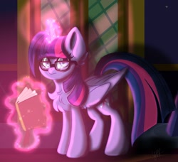 Size: 1804x1644 | Tagged: safe, artist:yourpennypal, character:twilight sparkle, character:twilight sparkle (alicorn), species:alicorn, species:pony, g4, book, chest fluff, female, folded wings, glasses, glowing horn, horn, levitation, magic, magic aura, mare, solo, telekinesis, wings