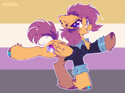 Size: 1150x860 | Tagged: safe, artist:mirtash, character:scootaloo, species:pegasus, species:pony, g4, alternate cutie mark, bandaid, bandaid on nose, chest fluff, clothing, colored eyebrows, colored hooves, cute, cutealoo, ear fluff, ear piercing, earring, eyebrows, fluffy, folded wings, grin, hooves, jewelry, leg fluff, looking at you, nonbinary, nonbinary pride flag, older, older scootaloo, piercing, pride, pride flag, raised hoof, raised leg, signature, simple background, smiling, smiling at you, solo, sparkles, standing on two hooves, three quarter view, unshorn fetlocks, wings
