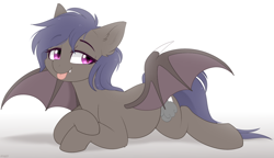Size: 1100x633 | Tagged: safe, artist:higgly-chan, oc, oc only, oc:night skies, species:bat pony, species:pony, g4, bat pony oc, bat wings, blep, cute, eyebrows, eyebrows visible through hair, looking at you, lying down, ocbetes, prone, simple background, solo, spread wings, three quarter view, tongue out, wings