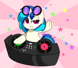 Size: 4000x3510 | Tagged: safe, artist:kittyrosie, character:dj pon-3, character:vinyl scratch, species:pony, species:unicorn, g4, dj booth, female, high res, mare, record, redraw, smiling, solo, stars