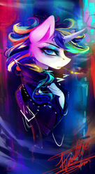 Size: 1024x1886 | Tagged: safe, artist:purediamond360, character:rarity, species:pony, species:unicorn, episode:it isn't the mane thing about you, g4, abstract background, alternate hairstyle, bust, cigarette, clothing, jacket, leather jacket, looking at you, portrait, profile, punk, punkity, signature, smoking, solo