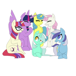 Size: 1024x1024 | Tagged: safe, artist:alliecorn, character:lemon hearts, character:lyra heartstrings, character:minuette, character:moondancer, character:twilight sparkle, character:twilight sparkle (alicorn), character:twinkleshine, species:alicorn, species:pony, species:unicorn, episode:amending fences, g4, my little pony: friendship is magic, canterlot six, cute, dancerbetes, eyes closed, female, group, lying down, lyrabetes, mare, minubetes, no pupils, profile, simple background, sitting, spread wings, three quarter view, transparent background, twiabetes, wings