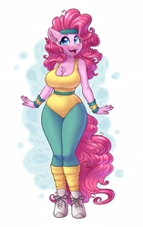 Size: 2208x3508 | Tagged: safe, artist:dandy, part of a set, character:pinkie pie, species:anthro, species:earth pony, species:pony, species:unguligrade anthro, g4, big breasts, bracelet, breasts, busty pinkie pie, chest fluff, clothing, colored eyebrows, ear fluff, eyelashes, female, headband, jewelry, leg warmers, leotard, mare, open mouth, shoes, simple background, solo, tail, tights, wristband