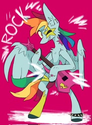 Size: 1513x2048 | Tagged: safe, artist:volchok, character:rainbow dash, species:pegasus, species:pony, g4, female, guitar, mare, musical instrument, solo, spread wings, wings