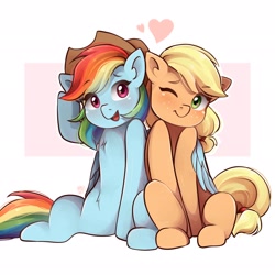 Size: 2048x2048 | Tagged: safe, artist:applesartt, character:applejack, character:rainbow dash, species:earth pony, species:pegasus, species:pony, ship:appledash, accessory swap, applejack's hat, clothing, cowboy hat, cute, dashabetes, duo, female, freckles, hat, heart, hug, jackabetes, lesbian, looking at you, mare, one eye closed, open mouth, shipping, sitting, stetson, winghug, wings, wink