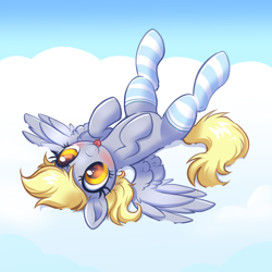 Size: 4000x4000 | Tagged: safe, alternate version, artist:confetticakez, patreon reward, character:derpy hooves, species:pegasus, species:pony, g4, absurd resolution, blep, blushing, clothing, cloud, cute, derpabetes, female, heart eyes, lying down, mare, on a cloud, on back, socks, solo, spread wings, striped socks, thigh highs, tongue out, wingding eyes, wings