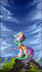 Size: 1387x2360 | Tagged: safe, artist:ramiras, oc, oc only, species:pony, species:unicorn, armor, clothing, cloud, commission, female, grass, horn, looking up, mare, mountain, not celestia, scarf, scenery, signature, sky, solo