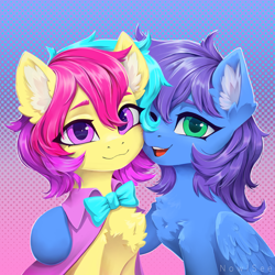 Size: 3000x3000 | Tagged: safe, artist:inowiseei, oc, oc only, oc:cuihua, oc:nova twinkle, species:earth pony, species:pegasus, species:pony, g4, abstract background, bow, bow tie, chest fluff, cloak, clothing, colored eyebrows, commission, cute, duo, ear fluff, eyebrows, female, fluffy, folded wings, halftone, high res, hug, looking at you, mare, ocbetes, open mouth, open smile, side hug, signature, smiling, wings