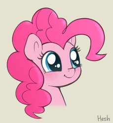 Size: 1564x1710 | Tagged: safe, artist:heretichesh, derpibooru original, character:pinkie pie, species:earth pony, species:pony, g4, beige background, big eyes, blushing, bust, cute, diapinkes, female, happy, mare, signature, simple background, smiling, solo