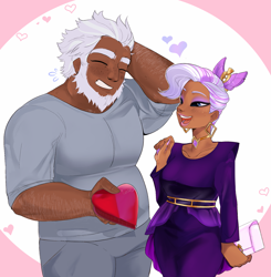 Size: 1829x1869 | Tagged: safe, artist:aztrial, character:alphabittle blossomforth, character:queen haven, species:human, ship:alphahaven, g5, crown, dark skin, duo, eyes closed, female, heart, holiday, humanized, jewelry, male, regalia, shipping, species swap, valentine's day