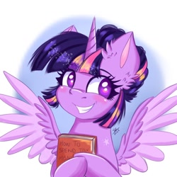 Size: 1280x1280 | Tagged: safe, artist:galaxy swirl, character:twilight sparkle, character:twilight sparkle (alicorn), species:alicorn, species:pony, g4, blushing, book, female, grin, holding, mare, smiling, solo, spread wings, wings