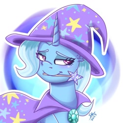 Size: 1280x1280 | Tagged: safe, artist:galaxy swirl, character:trixie, species:pony, species:unicorn, g4, cape, clothing, female, hat, holding, lidded eyes, magic wand, mare, mouth hold, smiling, solo, trixie's cape, trixie's hat, wand, wizard hat