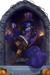 Size: 1625x2445 | Tagged: safe, artist:alrumoon_art, artist:avroras_world, character:princess luna, species:alicorn, species:anthro, species:unguligrade anthro, g4, boots, clothing, collaboration, collaboration:nightmare night event (2022), cosplay, costume, crossover, dress, female, food, gloves, hair over one eye, halloween, hat, holiday, horn, league of legends, long hair, long mane, long tail, looking at you, mare, nightmare night, pants, pumpkin, shoes, simple background, smiling, solo, tail, transparent background, video game, wings
