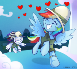 Size: 2504x2240 | Tagged: safe, artist:lummh, character:rainbow dash, character:soarin', species:pegasus, species:pony, ship:soarindash, g4, book, clothing, commission, duo, eyes closed, female, grin, hat, heart, high res, male, mare, shipping, signature, smiling, spread wings, stallion, straight, wings