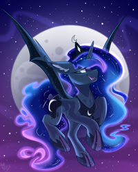 Size: 2400x3000 | Tagged: safe, artist:starcasteclipse, character:princess luna, species:alicorn, species:bat pony, species:pony, g4, alternate design, bat ponified, bat pony alicorn, bat wings, clothing, crown, cute, female, flying, full moon, galaxy mane, hoof shoes, horn, jewelry, lunabetes, mare, moon, necklace, night, night sky, peytral, race swap, regalia, shoes, sky, smiling, solo, spread wings, starry night, stars, wings