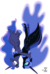 Size: 6760x9930 | Tagged: safe, artist:90sigma, character:nightmare moon, character:princess luna, species:alicorn, species:pony, g4, absurd resolution, armor, clothing, digital art, duality, falling, female, helmet, hoof shoes, mare, profile, shoes, simple background, transparent background, vector