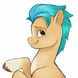 Size: 2500x2500 | Tagged: safe, artist:beatlinked, character:hitch trailblazer, species:earth pony, species:pony, g5, blaze (coat marking), blushing, coat markings, colored, colored eyebrows, colored hooves, colored sketch, cute, eyebrows, facial markings, flattered, flustered, high res, hitchbetes, hooves, looking at you, male, pale belly, profile, simple background, sketch, smiling, smiling at you, socks (coat marking), solo, stallion, unshorn fetlocks, white background