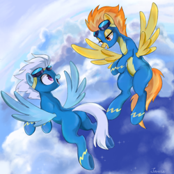 Size: 1000x1000 | Tagged: safe, artist:jus+ice, derpibooru original, character:fleetfoot, character:spitfire, species:pegasus, species:pony, g4, butt, clothing, cloud, duo, eyes on the prize, female, flying, goggles, lidded eyes, looking at each other, looking at someone, mare, open mouth, open smile, plot, profile, sky, smiling, spread wings, three quarter view, traditional art, uniform, wings, wonderbolts, wonderbolts uniform