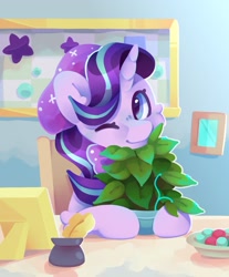 Size: 1023x1235 | Tagged: safe, artist:tater, character:phyllis, character:starlight glimmer, species:pony, species:unicorn, g4, chair, cute, female, glimmerbetes, looking at you, mare, one eye closed, plant, potted plant, wink