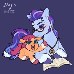 Size: 2048x2048 | Tagged: safe, alternate version, artist:luanshanhun, character:argyle starshine, character:sunny starscout, species:earth pony, species:pony, g5, blank flank, blue background, book, cute, daughter, duo, father, father and child, father and daughter, female, filly, glasses, high res, jewelry, male, necklace, open mouth, open smile, parent and child, pendant, raised hoof, simple background, smiling, stallion, sunnybetes, young