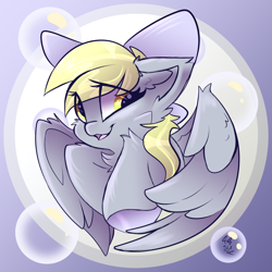 Size: 1500x1500 | Tagged: safe, artist:starcasteclipse, character:derpy hooves, species:pegasus, species:pony, g4, abstract background, bow, bust, cheek fluff, chest fluff, colored hooves, colored wings, cute, derpabetes, ear fluff, eye clipping through hair, female, fluffy, hair bow, hooves, leg fluff, looking at you, mare, multicolored wings, open mouth, open smile, signature, smiling, smiling at you, solo, two toned wings, unshorn fetlocks, wings