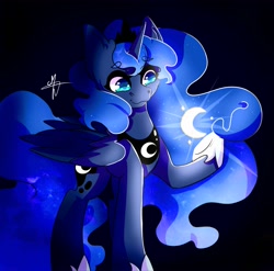 Size: 3571x3523 | Tagged: safe, artist:dark-reaper-0, character:princess luna, species:alicorn, species:pony, g4, crescent moon, female, flowing mane, folded wings, high res, mare, moon, signature, solo, wings