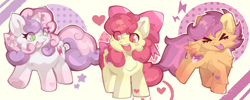 Size: 3786x1519 | Tagged: safe, artist:lumiville, character:apple bloom, character:scootaloo, character:sweetie belle, species:earth pony, species:pegasus, species:pony, species:unicorn, g4, >.<, adorabloom, apple bloom's bow, apple family member, bow, cute, cutealoo, cutie mark crusaders, diasweetes, eyes closed, hair bow, open mouth