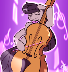 Size: 1800x1899 | Tagged: safe, artist:ermecg, character:octavia melody, species:earth pony, species:pony, g4, abstract background, cello, chest fluff, eyebrows, eyes closed, female, floppy ears, mare, music notes, musical instrument, playing instrument, simple background, smiling, solo, vibing
