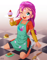 Size: 1000x1269 | Tagged: safe, artist:uotapo, character:sunny starscout, species:earth pony, species:eqg human, species:human, g4, g5, my little pony:equestria girls, apron, clothing, cupcake, cute, cutie mark, cutie mark on clothes, equestria girls-ified, female, food, frosting, g5 to equestria girls, generation leap, hair tie, jar, kneeling, messy, missing shoes, one eye closed, open mouth, plate, shirt, shorts, socks, solo, species swap, stocking feet, strawberry, sunnybetes, tiled floor, undershirt, whisk