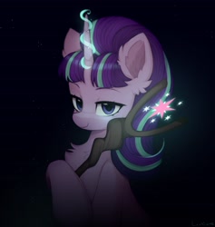 Size: 1440x1516 | Tagged: safe, artist:lerkfruitbat, character:starlight glimmer, species:pony, species:unicorn, g4, chest fluff, colored eyebrows, cutie mark, dark, dark background, ear fluff, eyebrows, female, fluffy, glowing horn, holding, horn, looking at you, magic, magic aura, mare, s5 starlight, signature, solo, staff, staff of sameness, three quarter view