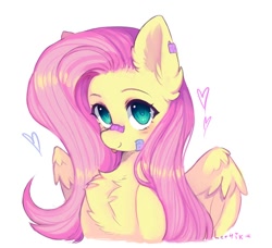 Size: 938x856 | Tagged: safe, artist:lerkfruitbat, character:fluttershy, species:pegasus, species:pony, g4, bandage, bandaid, bandaid on nose, chest fluff, cute, ear fluff, female, heart, looking at you, mare, shyabetes, signature, simple background, smiling, solo, spread wings, white background, wing fluff, wings