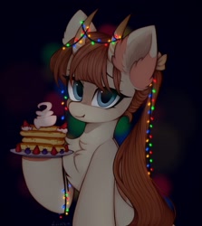 Size: 1374x1542 | Tagged: safe, artist:lerkfruitbat, oc, oc only, species:pony, blueberry, chest fluff, cute, ear fluff, female, food, holding, mare, ocbetes, pancakes, signature, solo, strawberry, string lights, whipped cream