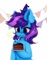Size: 1632x2048 | Tagged: safe, artist:lerkfruitbat, oc, oc only, oc:nohra, species:earth pony, species:pony, birthday cake, cake, chest fluff, chocolate cake, cute, ear fluff, female, food, fork, holding, mare, mouth hold, ocbetes, plate, signature, simple background, solo, stars, white background