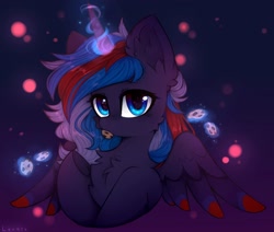 Size: 2048x1740 | Tagged: safe, artist:lerkfruitbat, oc, oc only, species:alicorn, species:pony, alicorn oc, cheek fluff, chest fluff, colored wingtips, commission, cookie, cute, ear fluff, female, food, glowing horn, horn, levitation, looking at you, magic, magic aura, mare, multicolored wings, ocbetes, signature, solo, spread wings, telekinesis, wings