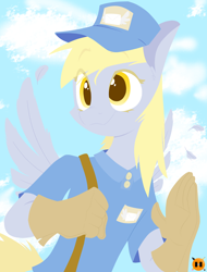Size: 2560x3360 | Tagged: safe, artist:irontwistfim, character:derpy hooves, species:anthro, species:pegasus, g4, clothing, cloud, colored eyebrows, cute, derpabetes, eye clipping through hair, eyebrows, eyebrows visible through hair, feather, female, gloves, hat, high res, mailmare, mailmare uniform, mare, satchel, sky, smiling, solo, three quarter view