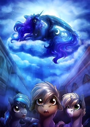 Size: 2896x4096 | Tagged: safe, artist:lupiarts, character:princess luna, species:alicorn, species:pony, g4, absurd resolution, canterlot, children of the night, cloud, female, high res, male, outdoors, town