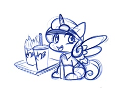 Size: 1105x763 | Tagged: safe, artist:zutcha, character:princess flurry heart, species:alicorn, species:pony, g4, clothing, cute, female, filly, food, french fries, hat, looking at you, mcflurry, monochrome, namesake, open mouth, open smile, princess mcflurry, pun, shirt, simple background, sitting, sketch, smiling, smiling at you, solo, spread wings, visual gag, white background, wings, young