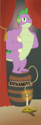 Size: 1500x4500 | Tagged: safe, artist:prixy05, derpibooru original, part of a set, character:spike, species:dragon, g4, candle, disneyland, dynamite, explosives, looking at you, male, older, older spike, solo, stretching portrait, the haunted mansion
