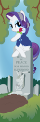 Size: 1500x4500 | Tagged: safe, artist:prixy05, derpibooru original, part of a set, character:prince blueblood, character:rarity, species:pony, species:unicorn, g4, axe, bust, disneyland, female, flower, grave, gravestone, implied murder, looking at you, mare, older, older rarity, rose, sitting, solo, stretching portrait, the haunted mansion, weapon