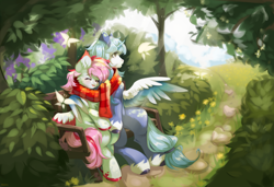 Size: 3392x2316 | Tagged: safe, artist:pledus, oc, oc only, species:alicorn, species:pegasus, species:pony, bench, bush, butterfly, clothing, commission, cute, duo, eyes closed, female, flower, forest, grass, high res, hug, male, mare, ocbetes, open mouth, scarf, shared clothing, shared scarf, sitting, spread wings, spring, stallion, striped scarf, tree, winghug, wings
