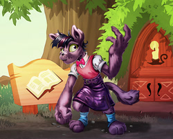 Size: 1200x965 | Tagged: safe, artist:harwick, character:twilight sparkle, species:anthro, species:diamond dog, g4, clothing, commission, equestria girls outfit, female, golden oaks library, hair, outdoors, skirt, solo, species swap