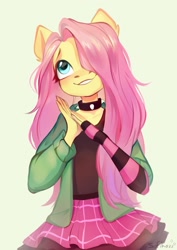 Size: 1527x2160 | Tagged: safe, artist:sofiko-ko, character:fluttershy, species:anthro, species:pegasus, g4, blushing, choker, clothing, cute, draw this in your style, dtiys emoflat, evening gloves, female, fingerless elbow gloves, fingerless gloves, gloves, green background, hair over one eye, hoodie, jewelry, long gloves, looking up, mare, necklace, shyabetes, signature, simple background, skirt, solo, spiked choker, striped gloves, sweater